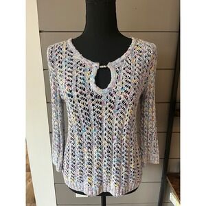 ST JOHN SPORT‎ Confetti Knit Keyhole Neck Sweater 3/4 Sleeve Purple Multi P